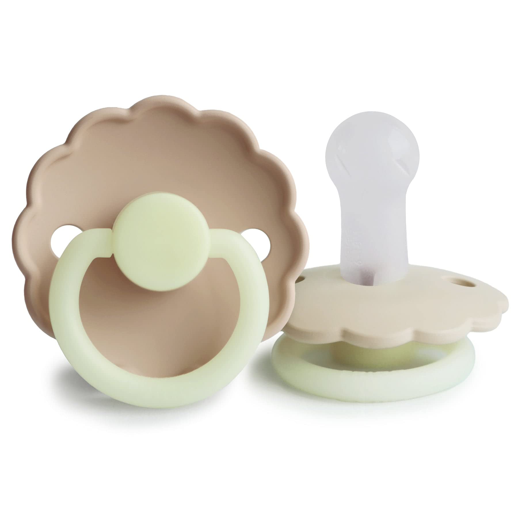 FRIGG Daisy Night croissant-cream pacifier side view for gentle skin comfort.