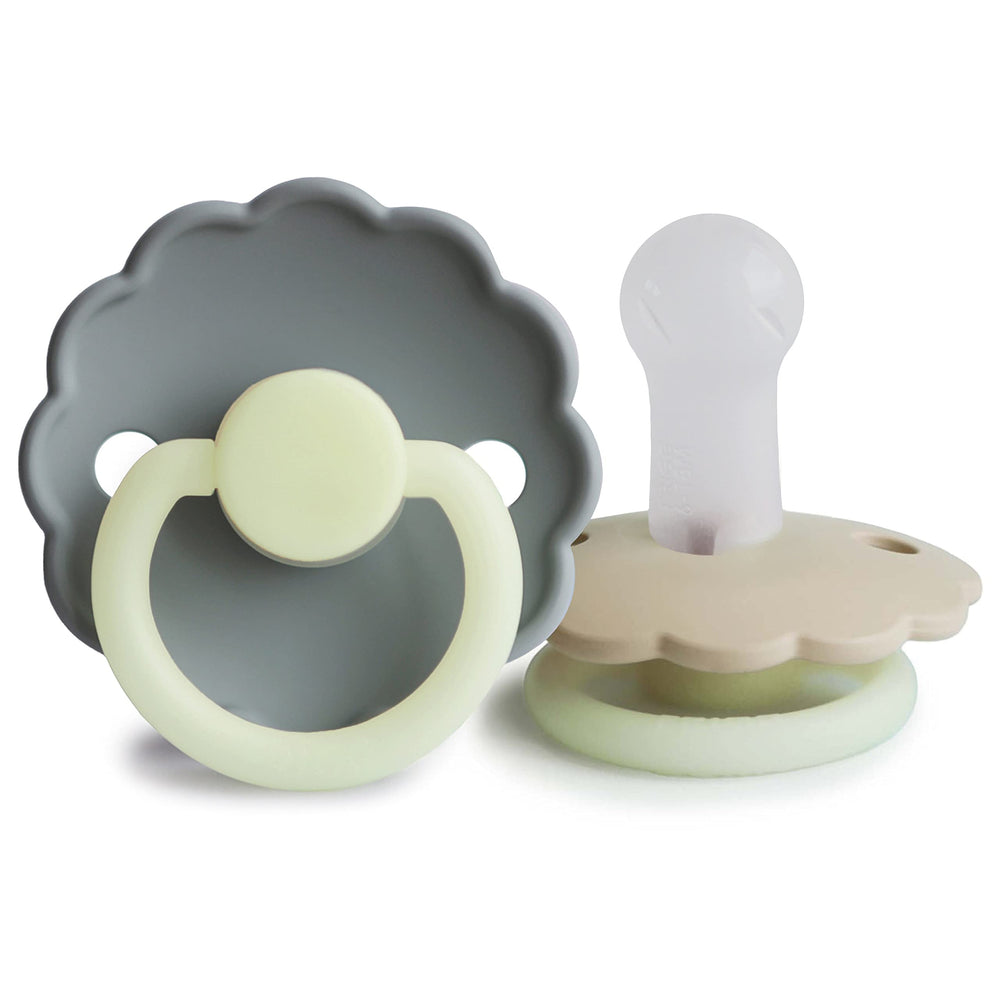 FRIGG Daisy Night pacifier front view in French Gray/Croissant for peaceful evenings