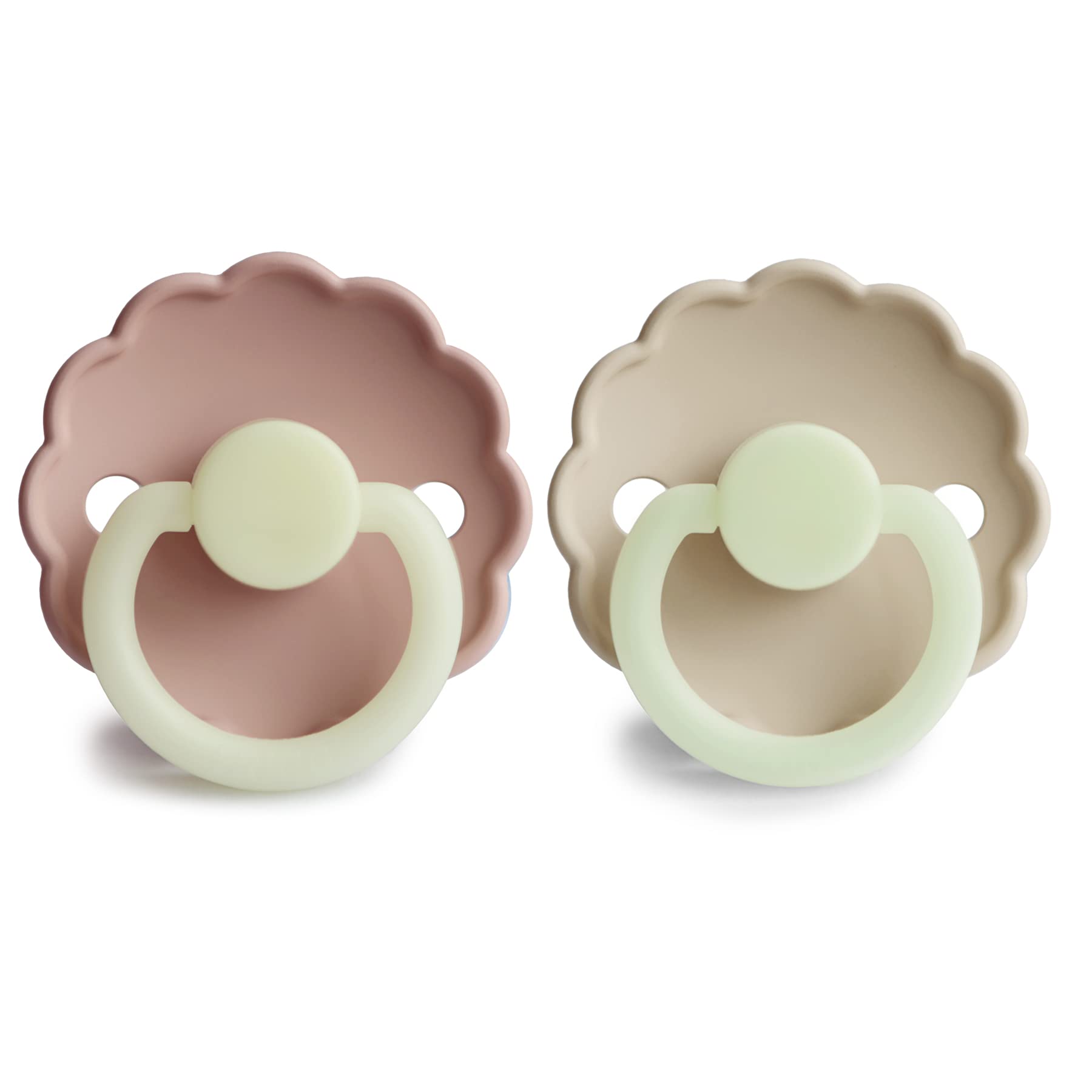 FRIGG Daisy Night pacifier featuring a security handle for easy, safe handling.