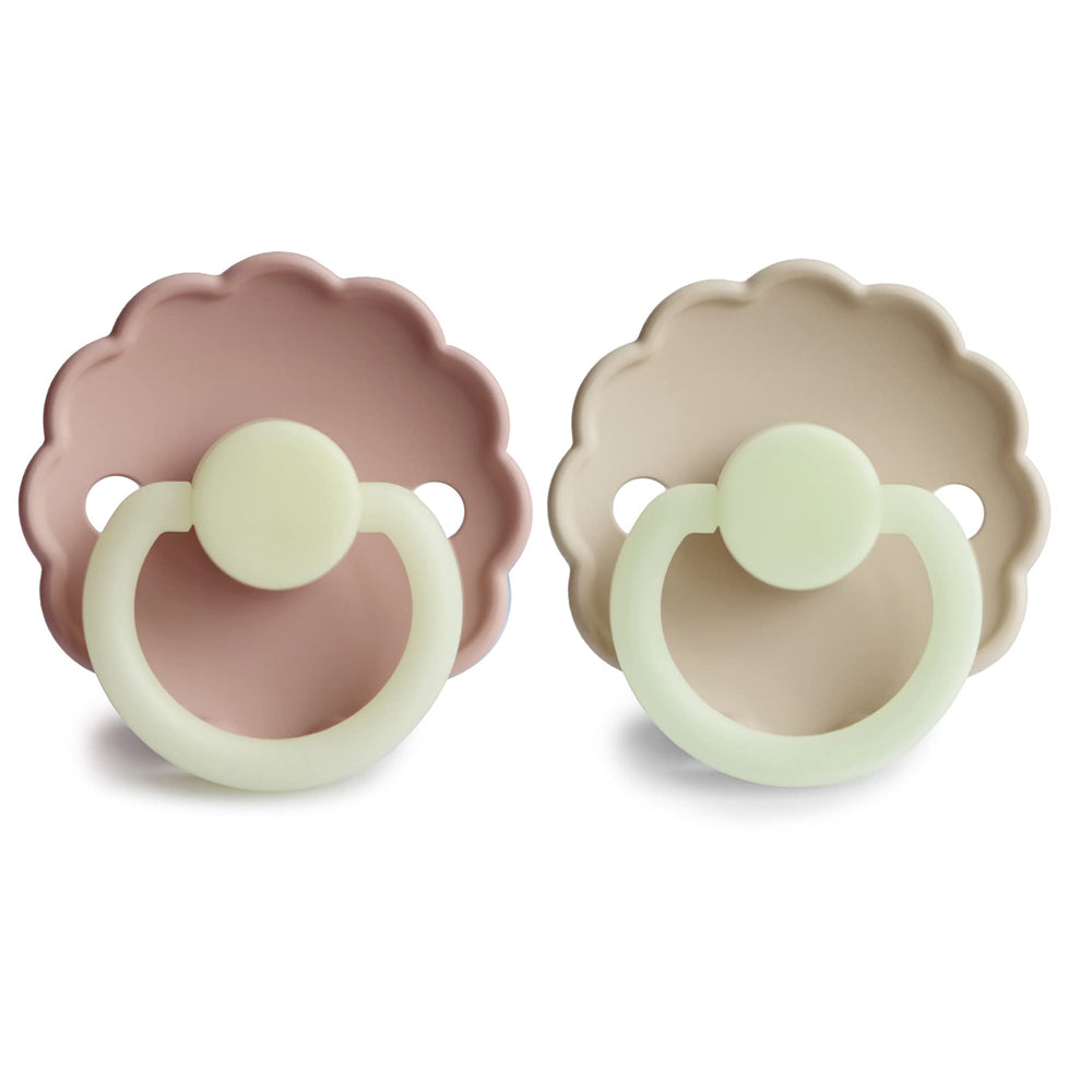 FRIGG Daisy Night pacifier featuring a security handle for easy, safe handling.
