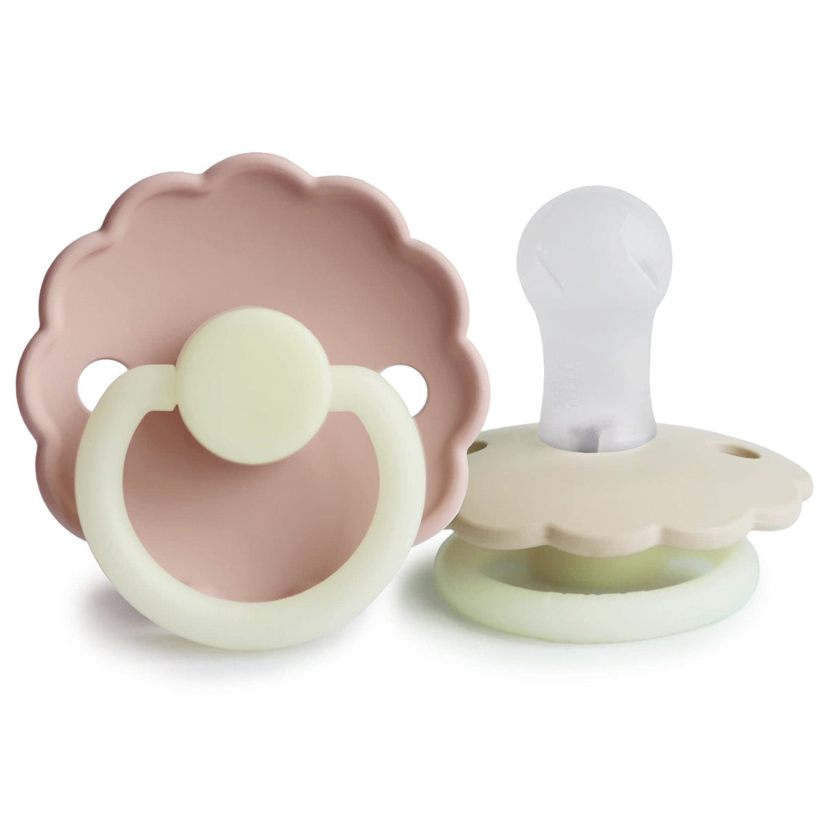 FRIGG Daisy Night SilkySoft nipple close-up showing medical-grade silicone for gentle soothing.