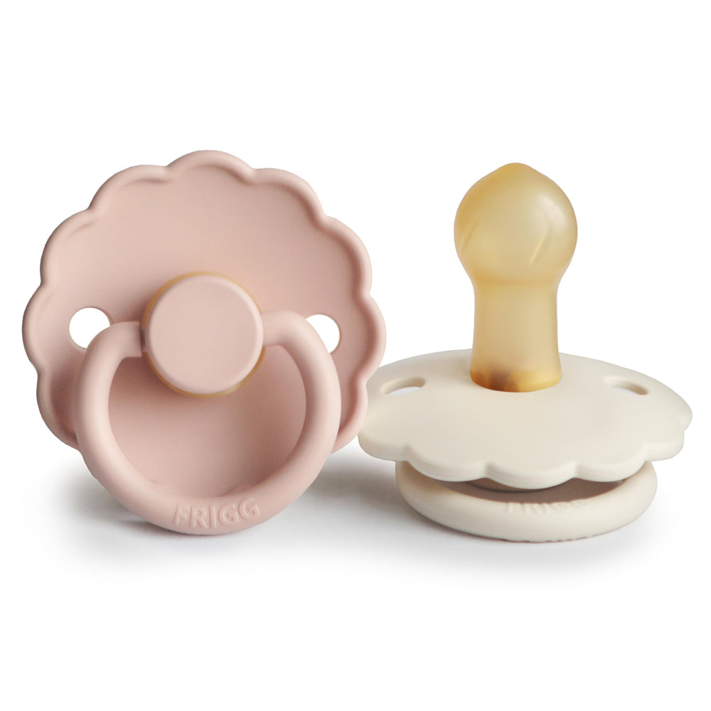 FRIGG Daisy pacifier pack shot shows two BPA-free natural rubber pacifiers for babies