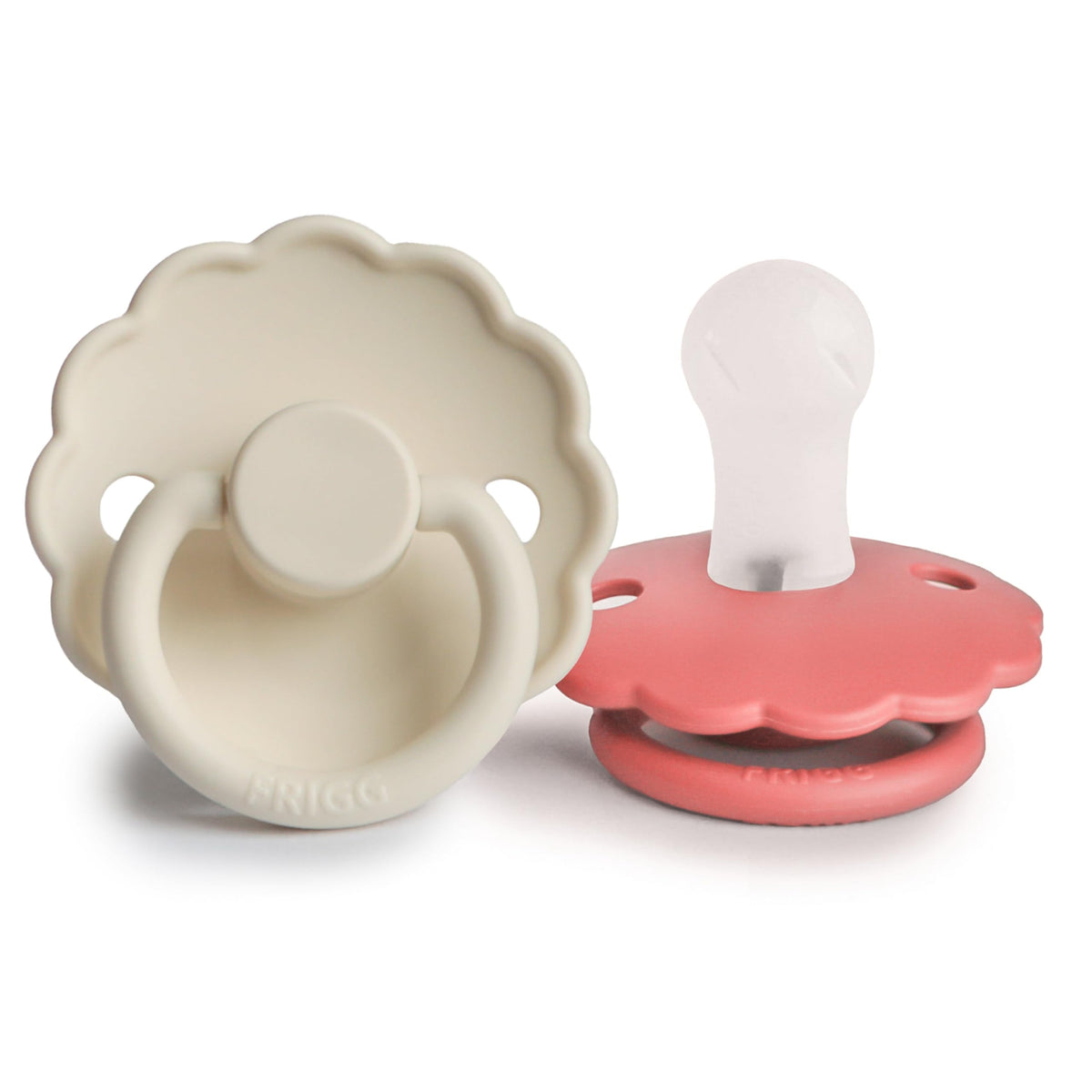FRIGG Daisy silicone pacifier curved nipple promotes gentle comfort for delicate skin.