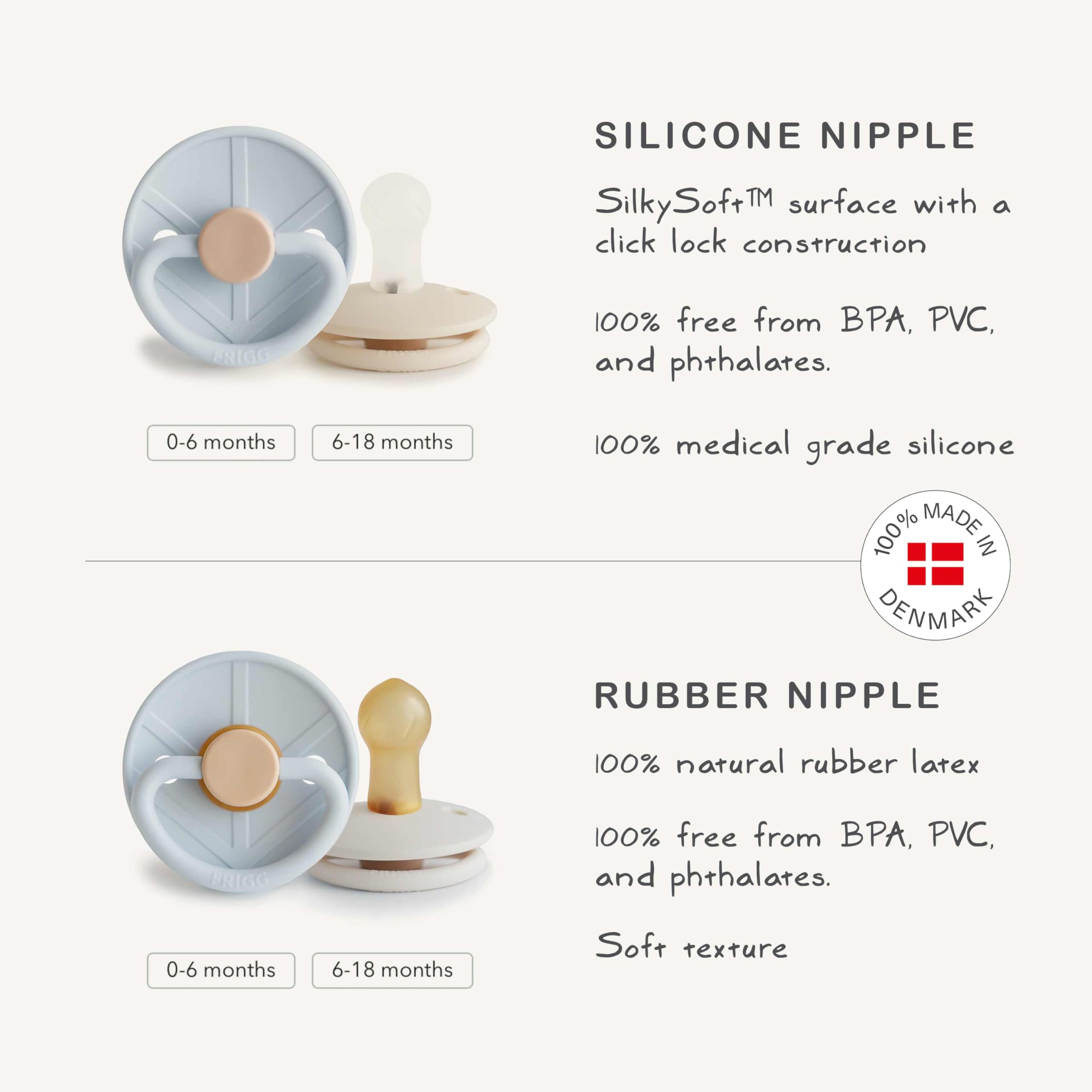 FRIGG Little Viking pacifier care-instructions guide for hygiene.
