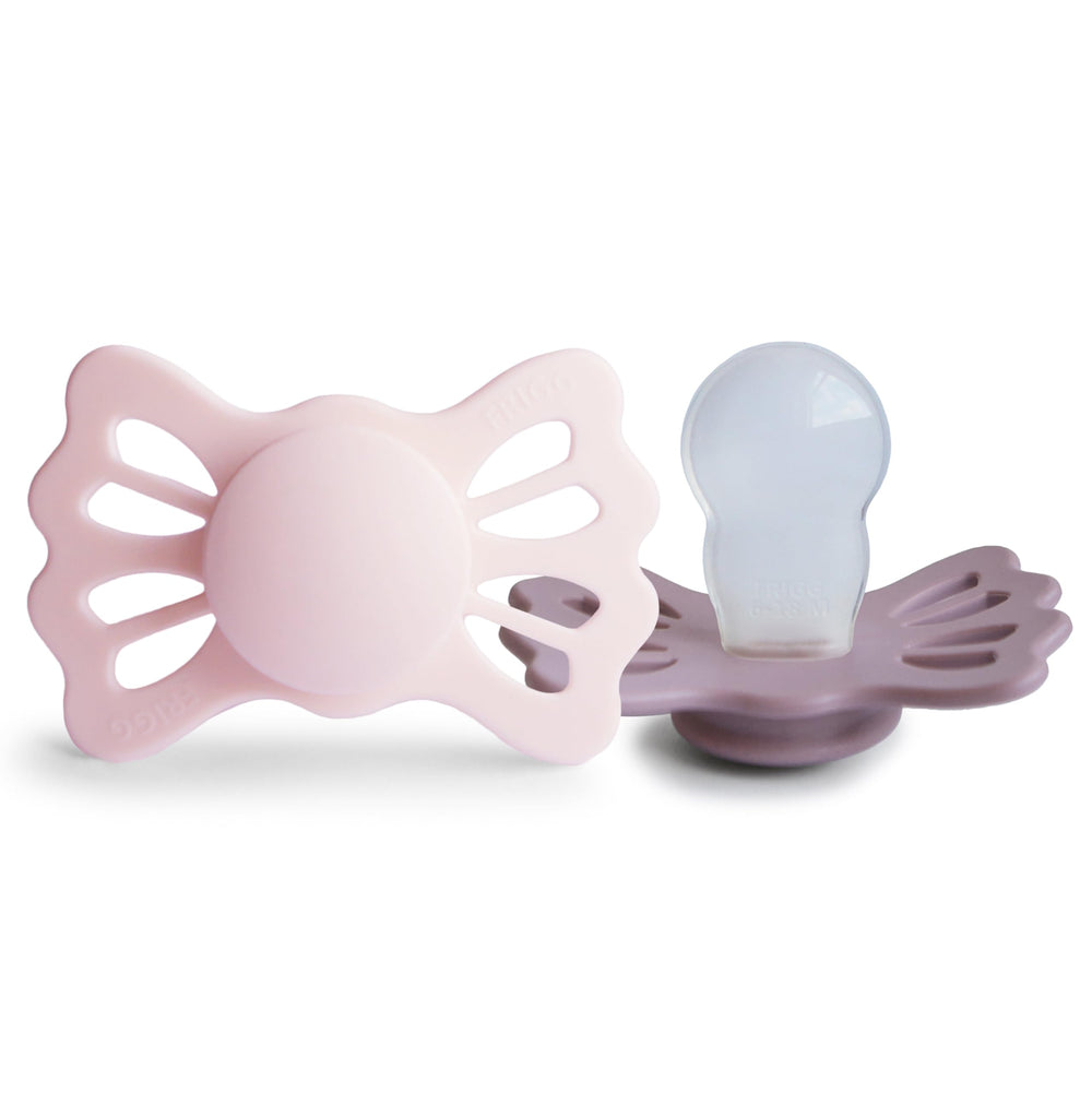 FRIGG Lucky nipple detail shows SilkySoft silicone for gentle newborn comfort.
