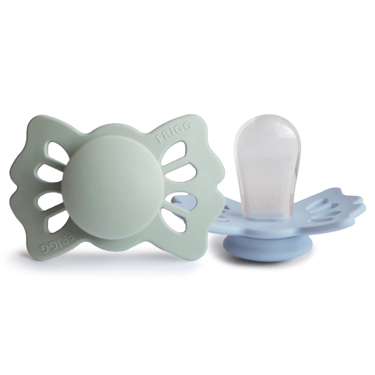 FRIGG Lucky SilkySoft pacifier in Sage Blue for soothing comfort in early months.
