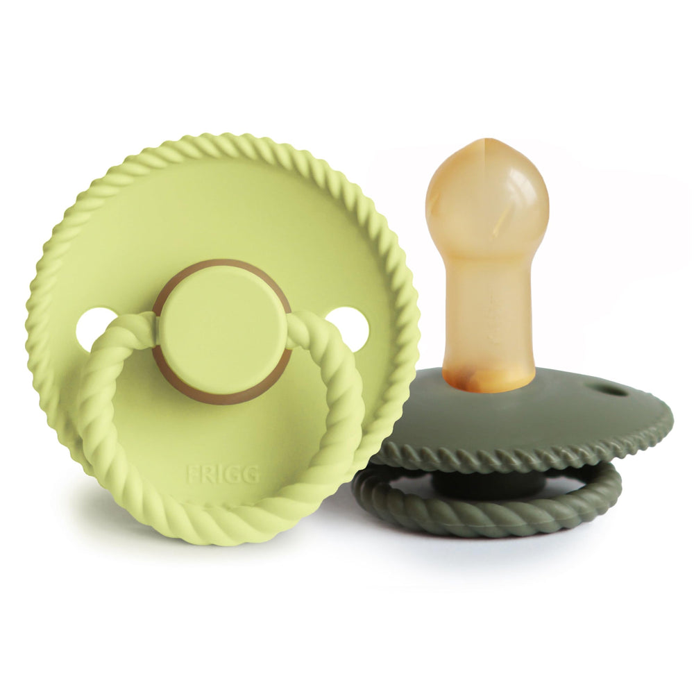 FRIGG rope latex pacifier front view with entwined rope for soothing comfort.