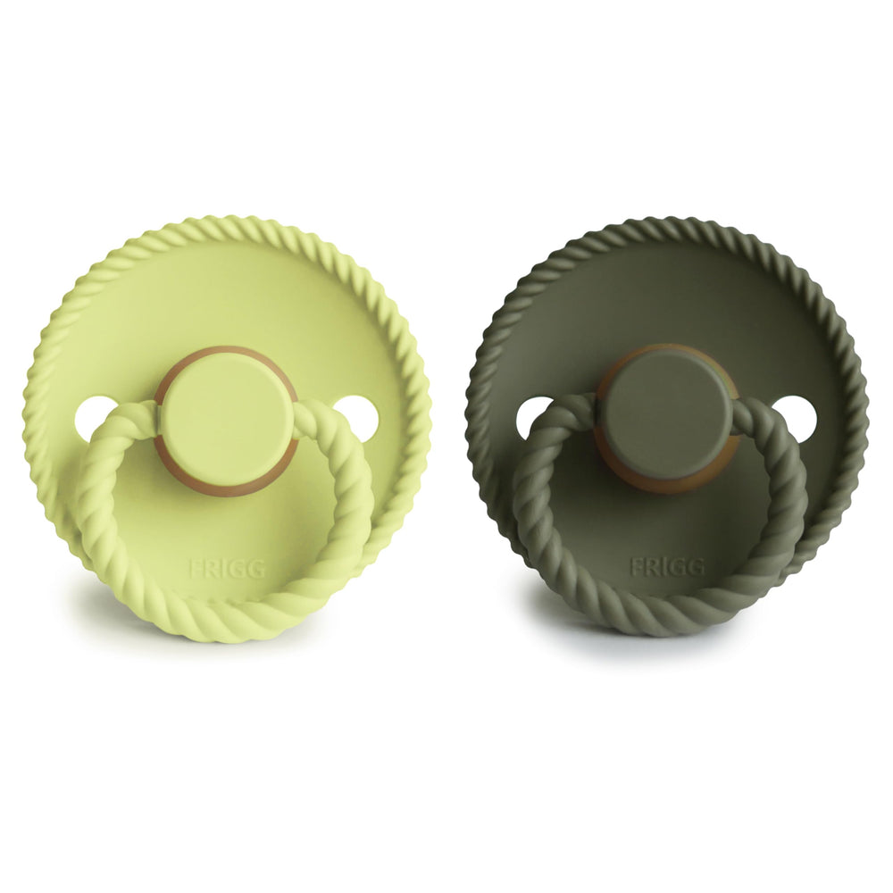 FRIGG rope latex pacifier side view showing outward curve protecting skin.