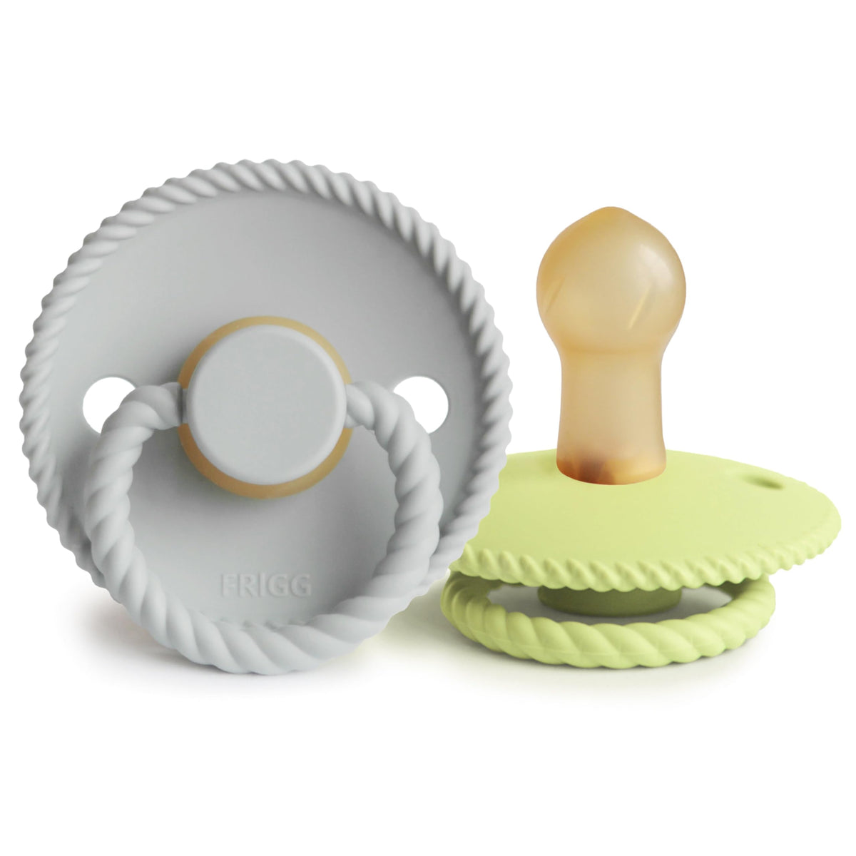 FRIGG rope latex pacifier silver-gray close-up showing skin-friendly shield for soothing comfort