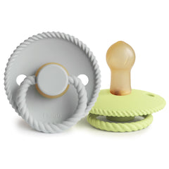 FRIGG rope latex pacifier silver-gray close-up showing skin-friendly shield for soothing comfort