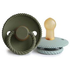 FRIGG Rope Pacifier olive-sage with rope wrap for gentle skin-contact comfort