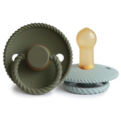 Frigg rope natural rubber pacifier in olive-sage shows entwined rope design for soothing grip.