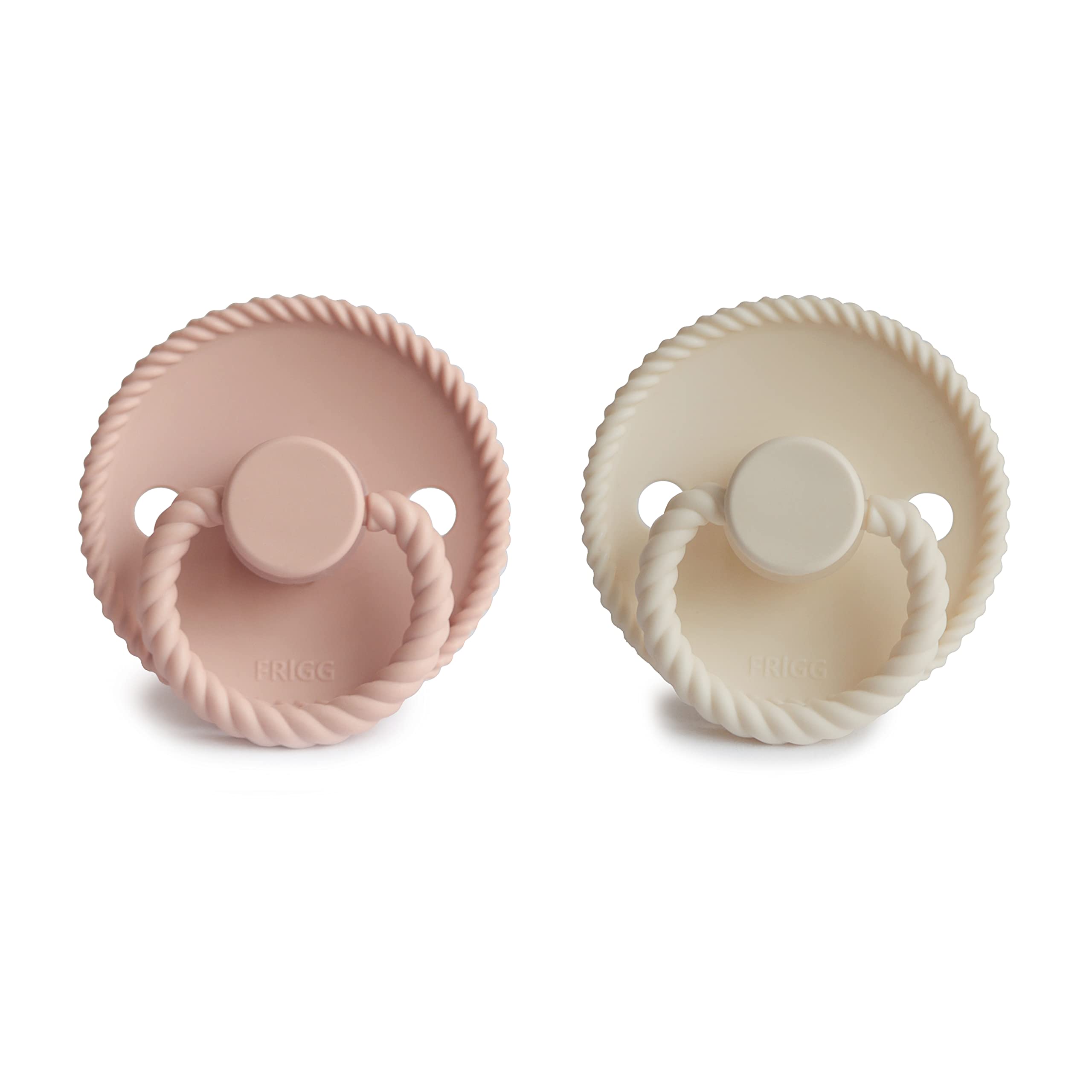FRIGG Rope SilkySoft pacifier in hand showing ergonomic design for comfort