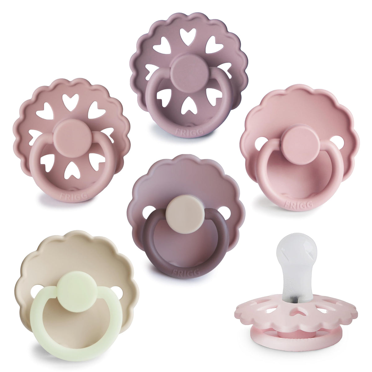 FRIGG SilkySoft pacifier pack shot highlights 6-pack convenience for busy parents and soothing routines.