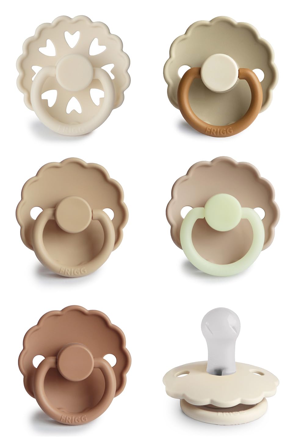 FRIGG SilkySoft pacifier front view in Cinnamon Charm supports gentle soothing.