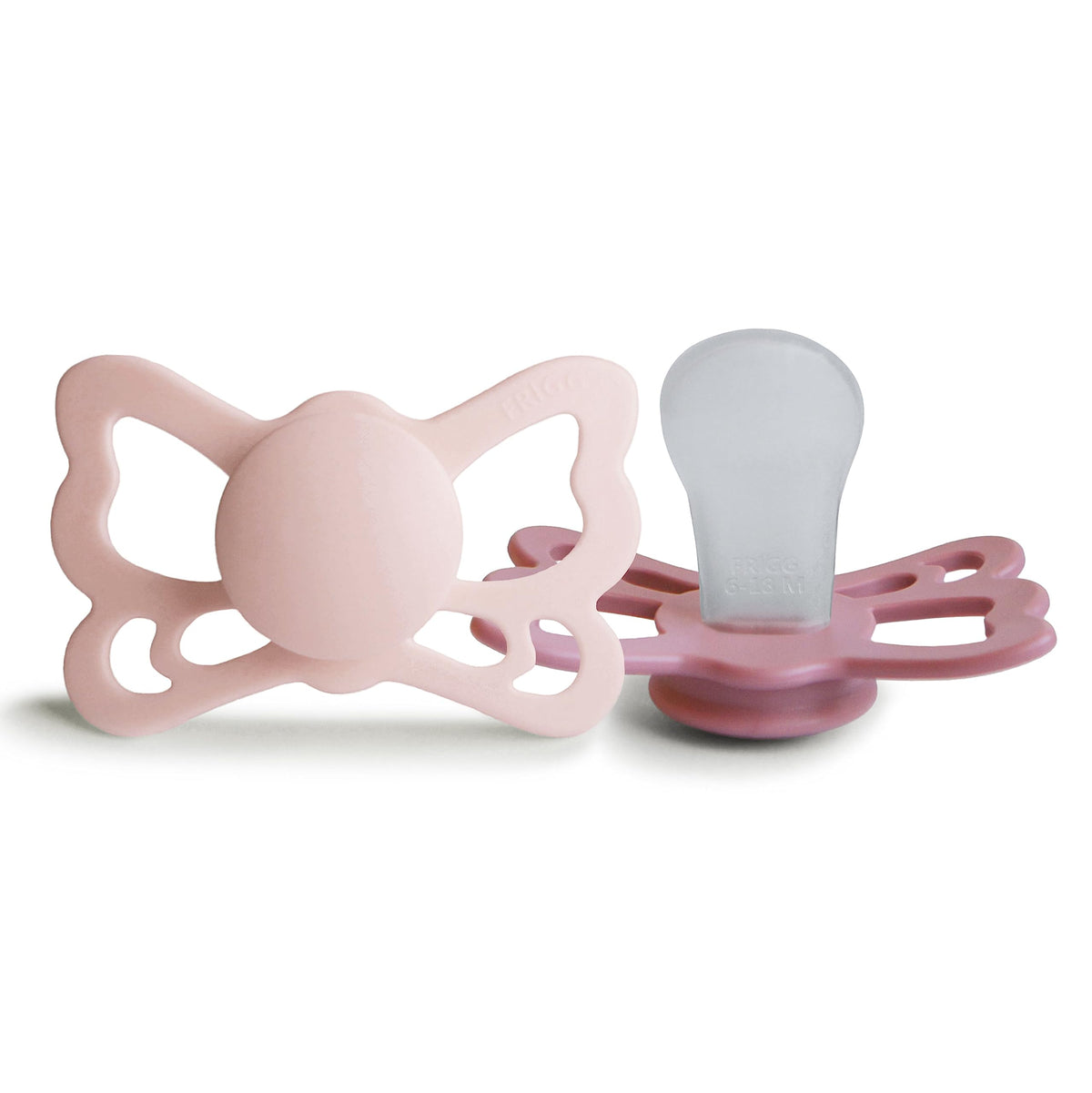 FRIGG Butterfly pacifier packaging front highlights BPA free design for ages 6-18 months