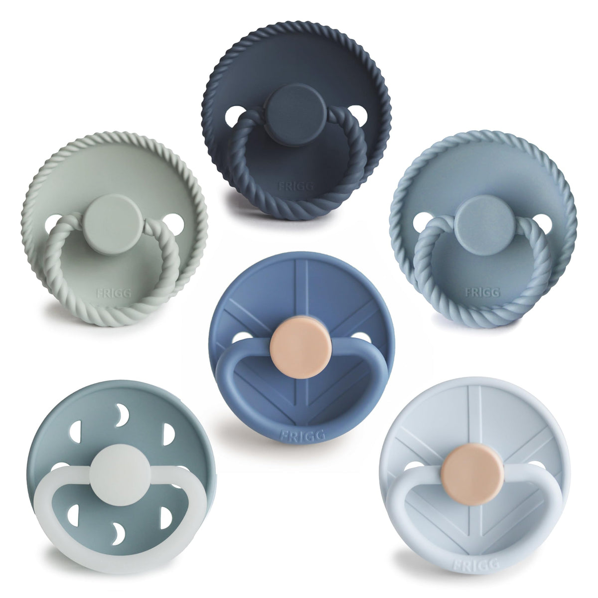 FRIGG SilkySoft pacifier nipple close-up showing silky-soft silicone for gentle soothing.