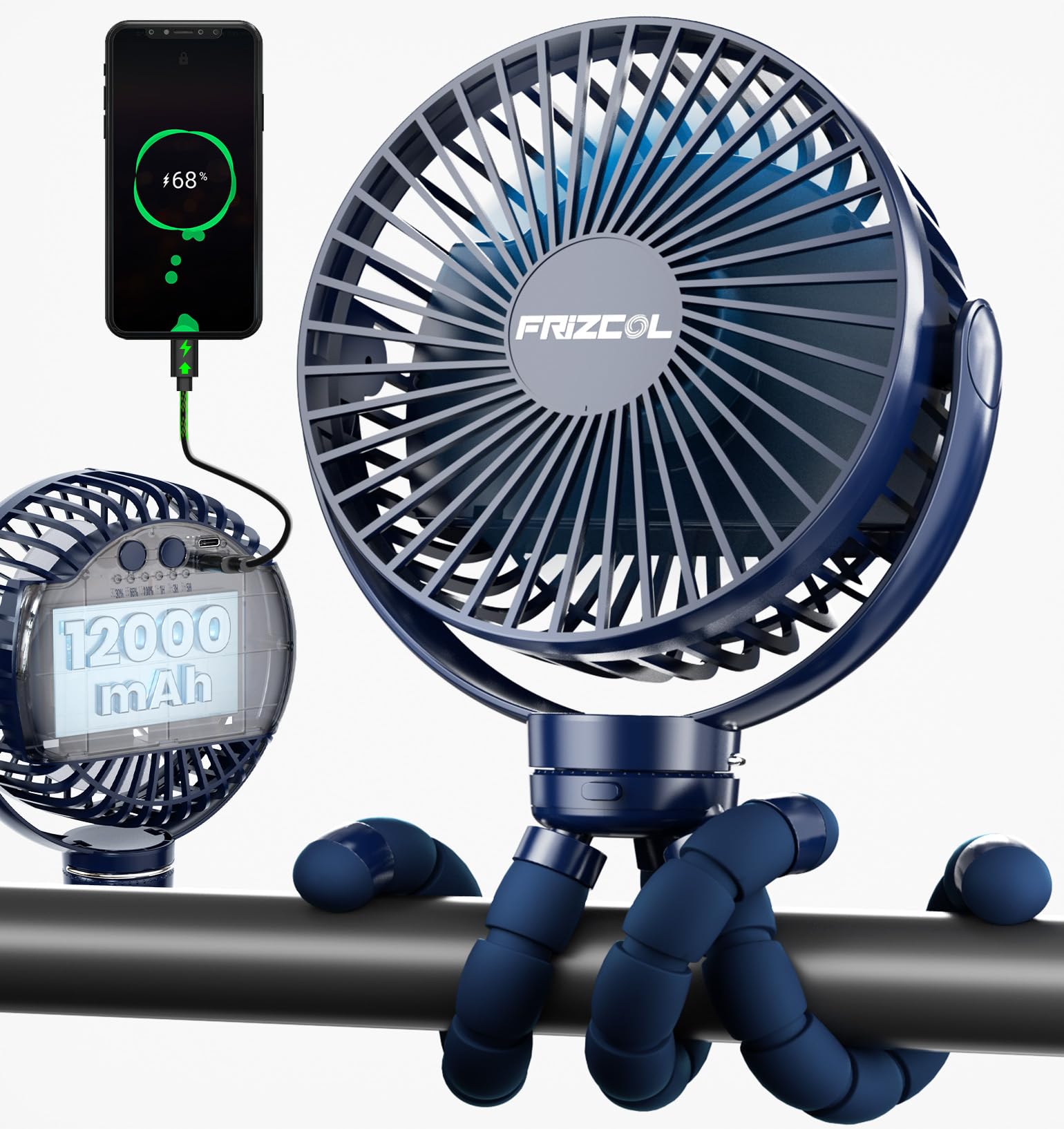 FRIZCOL 12000mAh portable stroller fan front view cools baby on the go.