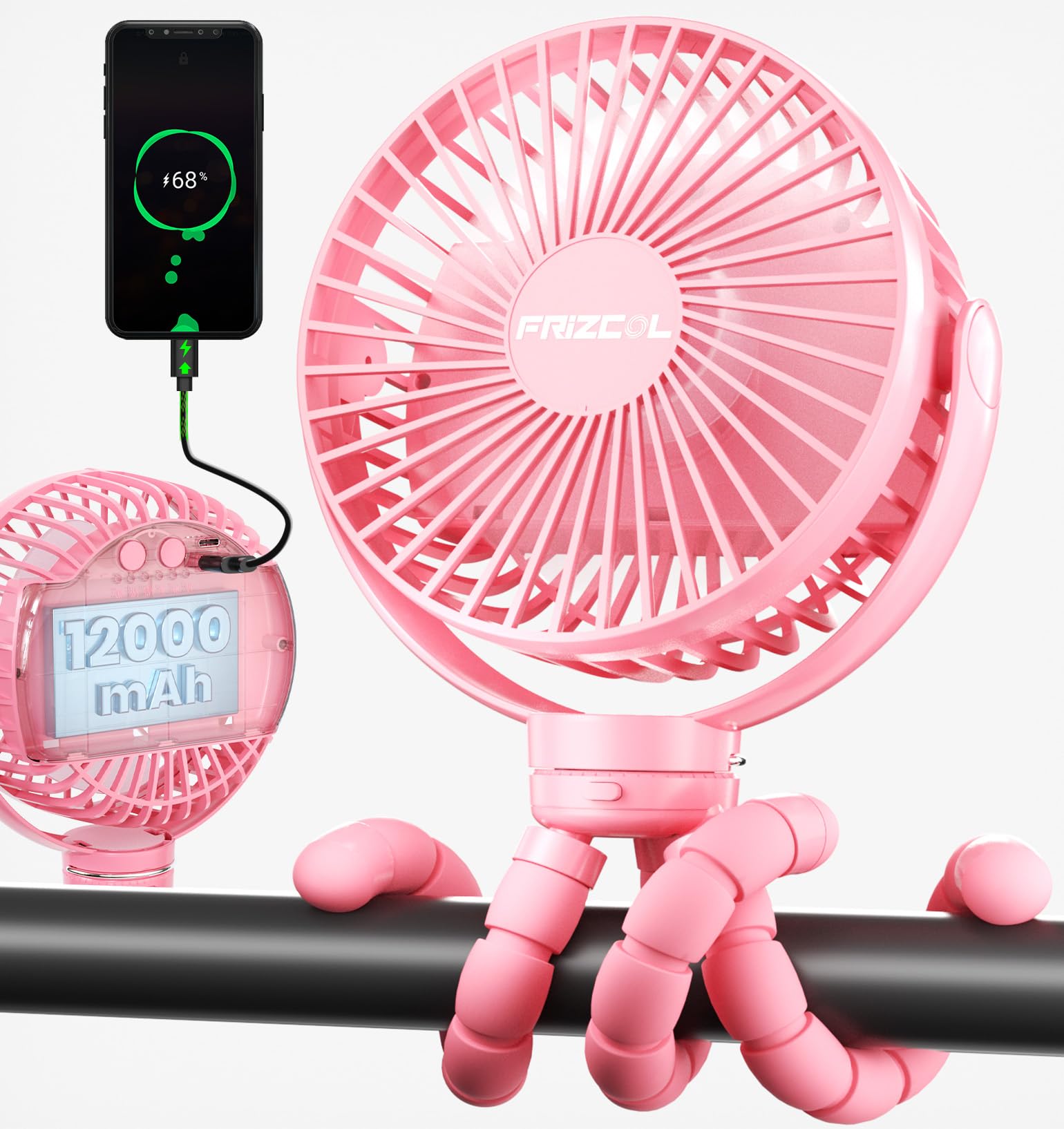 FRIZCOL 12000mAh portable stroller fan pink offers on-the-go cooling for strollers.
