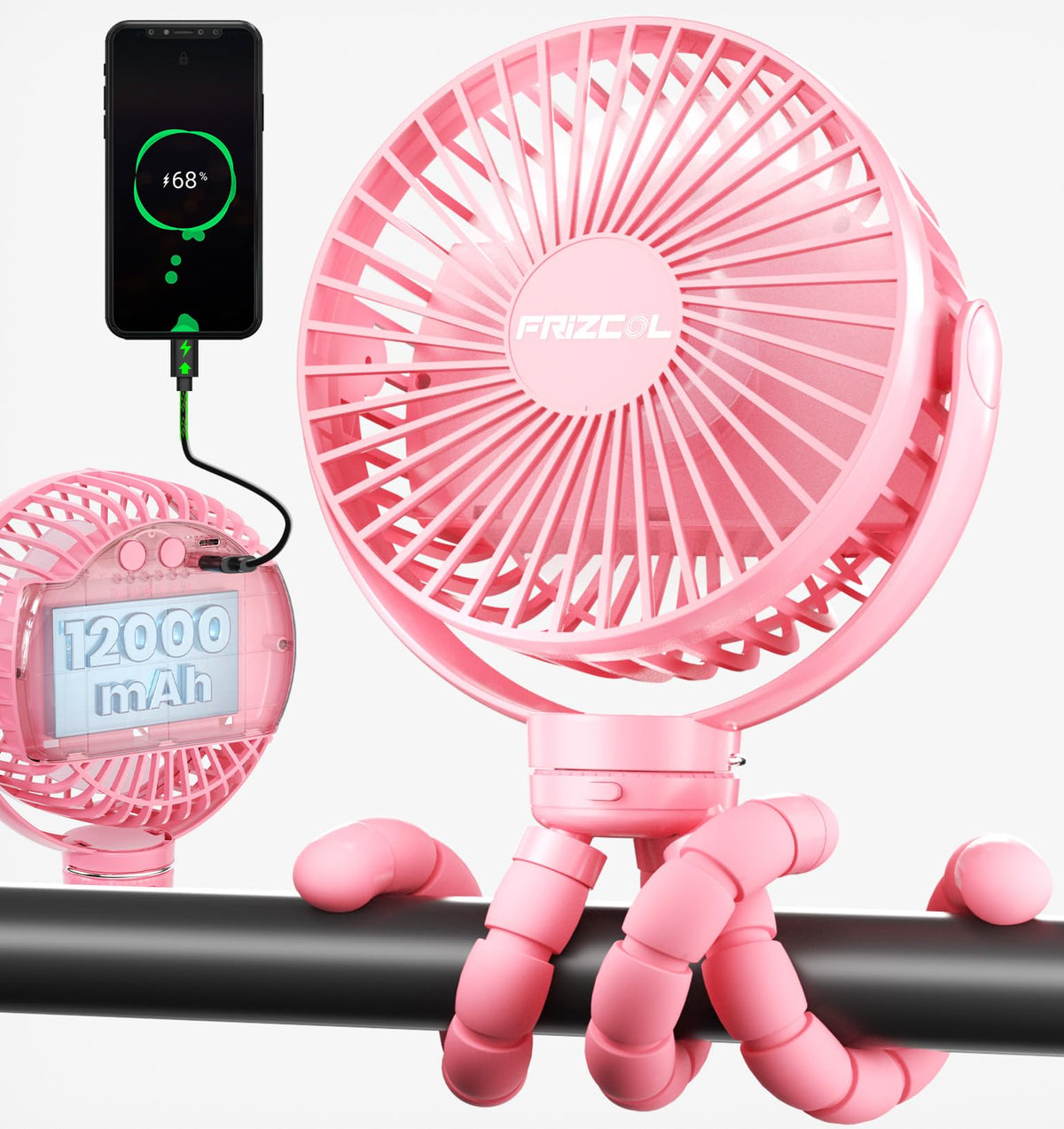 FRIZCOL 12000mAh portable stroller fan pink offers on-the-go cooling for strollers.