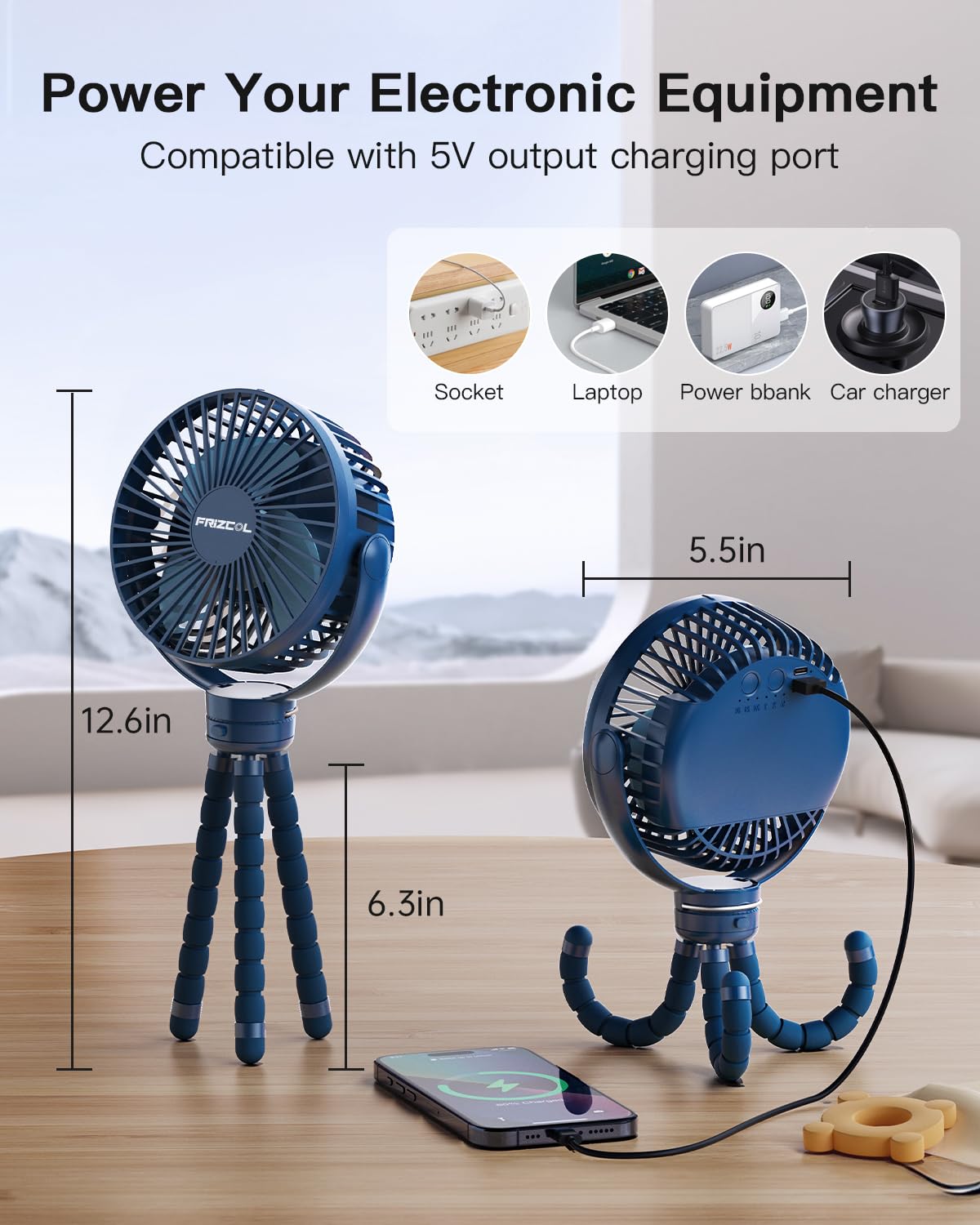FRIZCOL baby-friendly stroller fan in-use on a stroller for gentle airflow.