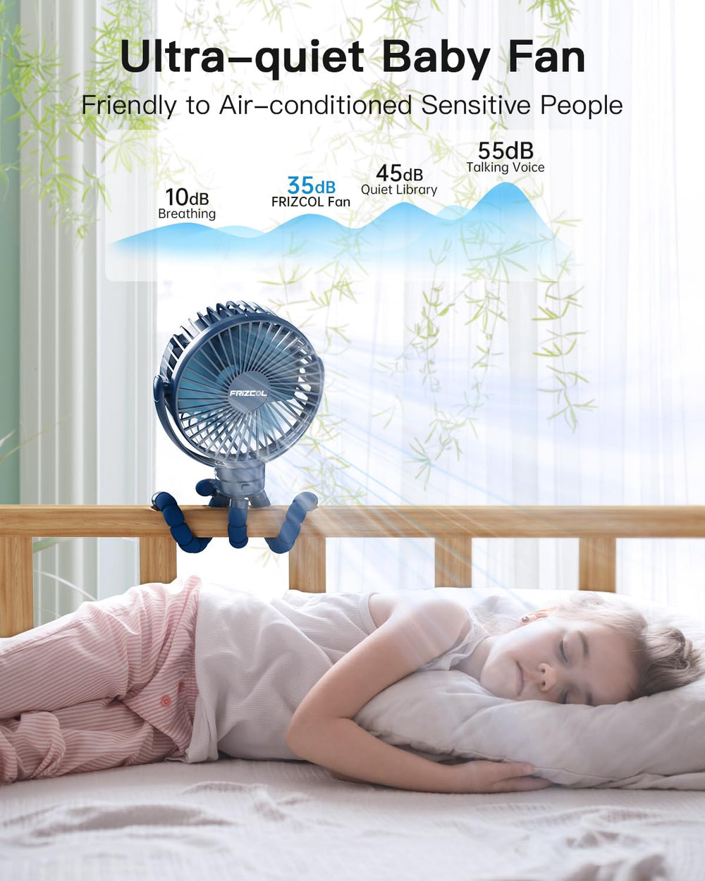 FRIZCOL portable fan blue clip-on demonstrates versatile mounting options.