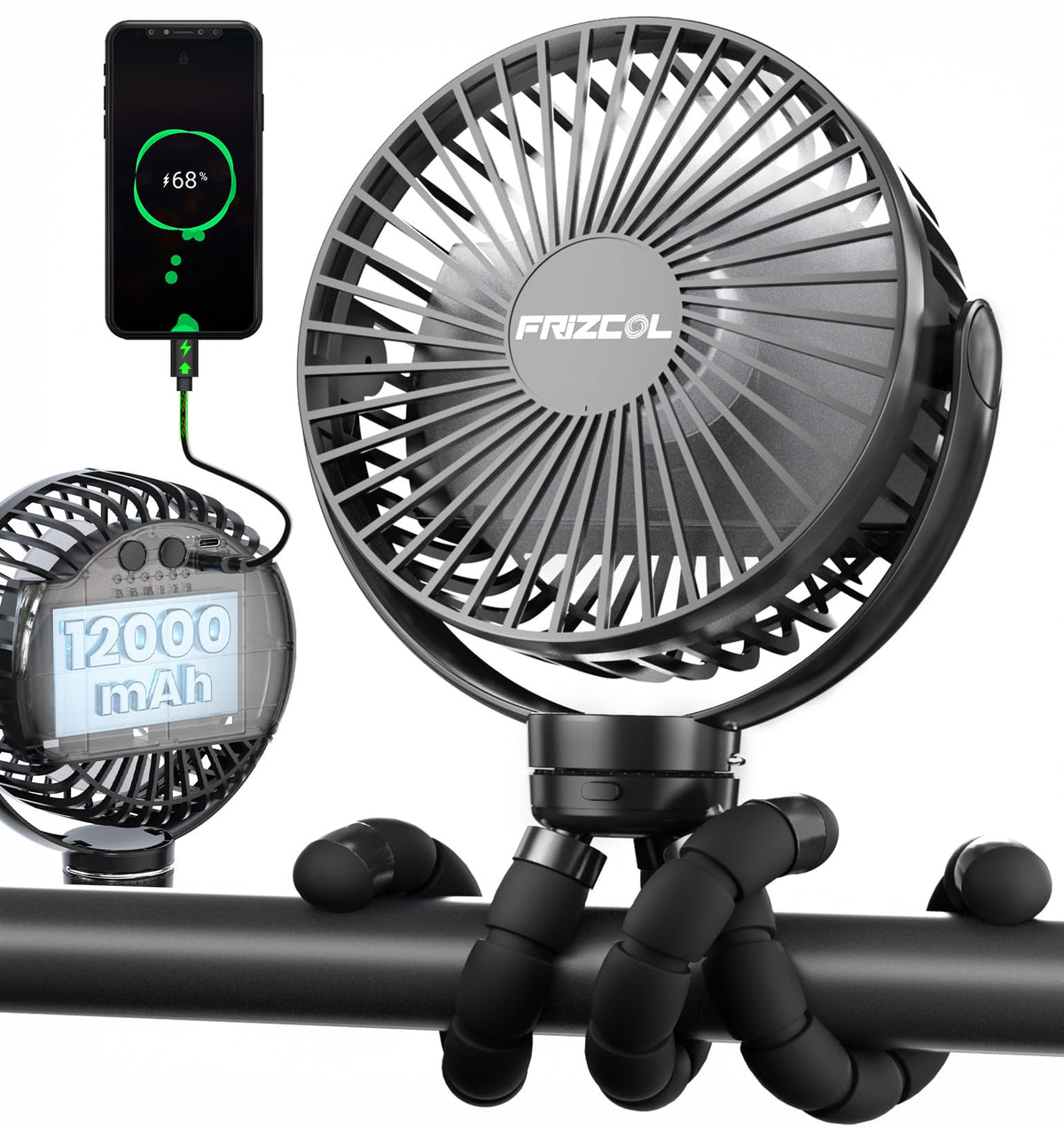 FRIZCOL portable stroller fan on stand delivers all-day breeze outdoors