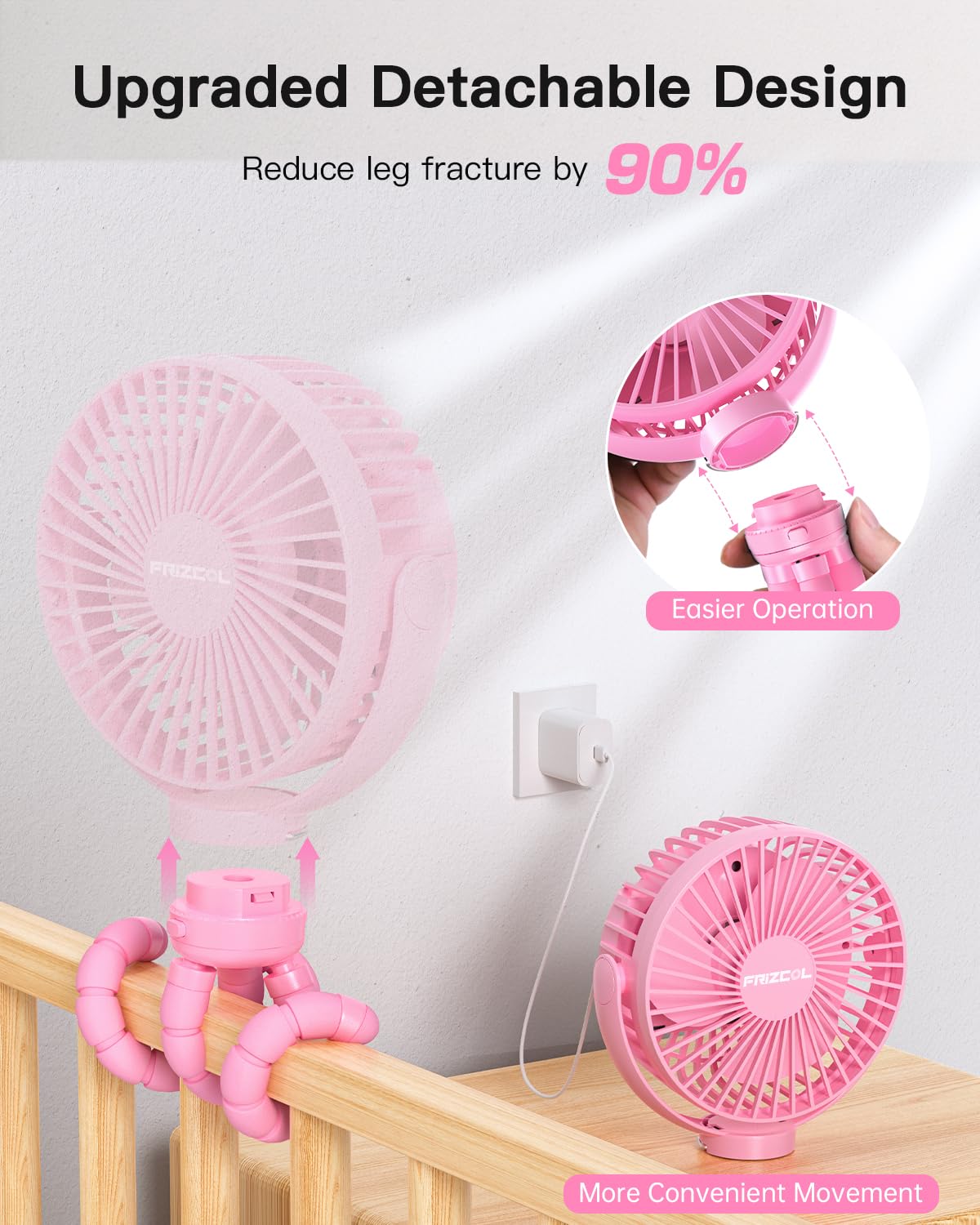 FRIZCOL quiet motor delivers strong, quiet breeze for baby comfort.