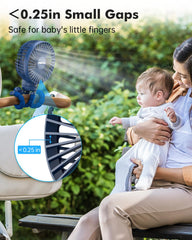FRIZCOL stroller fan showing 24-hour battery life for long outdoor sessions.