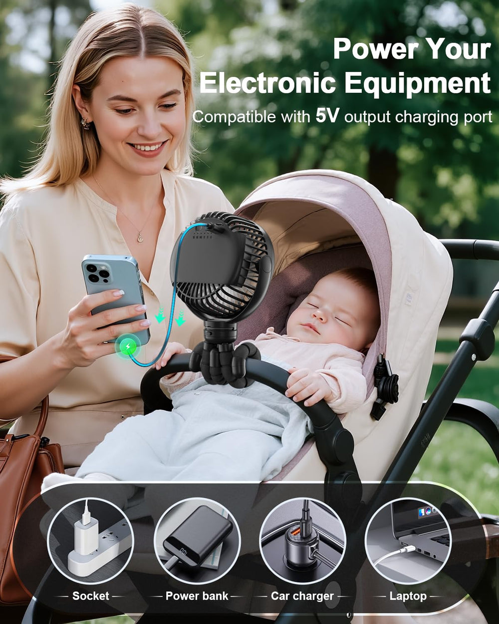 FRIZCOL stroller fan in use on a baby stroller for gentle cooling