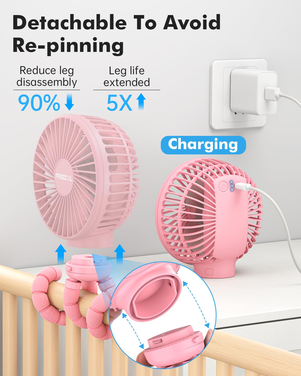 FRIZCOL stroller fan pink clip attachment ready for secure stroller setup