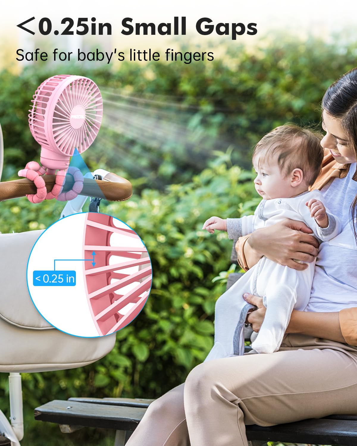 FRIZCOL stroller fan pink mounted on a stroller for hands-free cooling