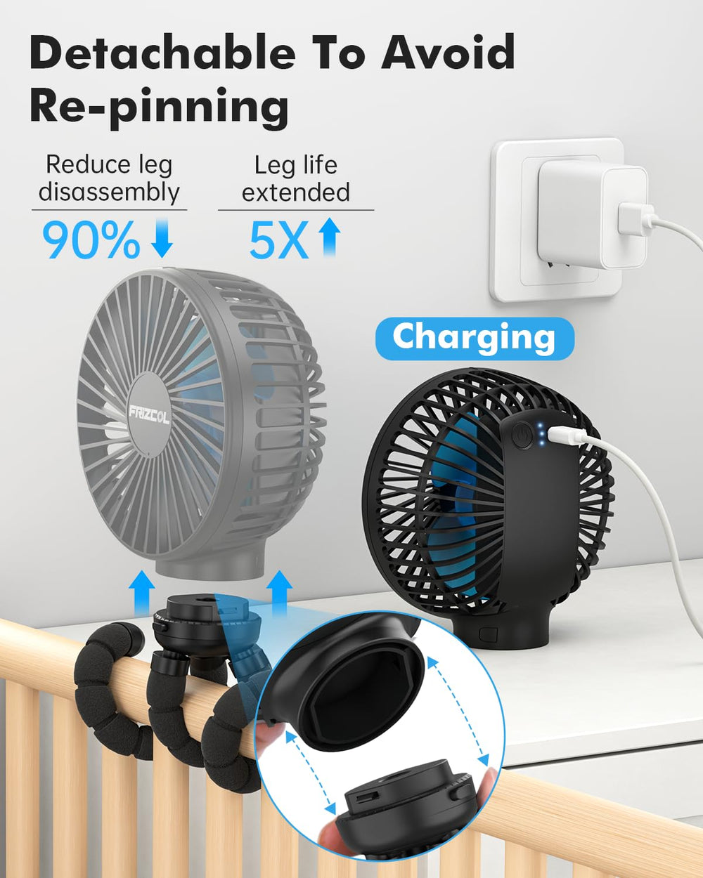 FRIZCOL stroller fan delivering soft wind for baby comfort.