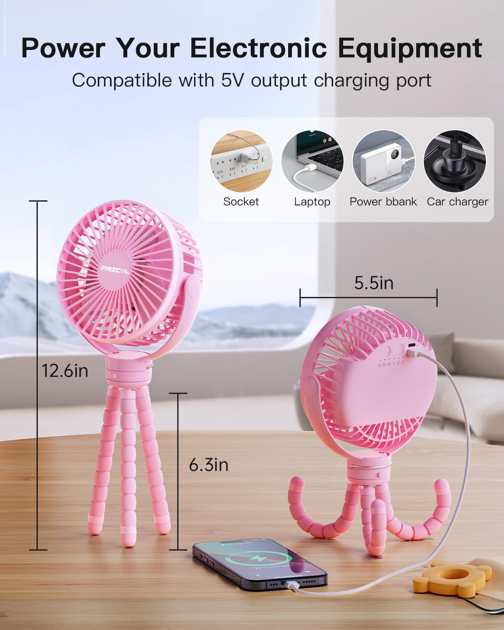 FRIZCOL fan clip-on can be used on stroller, desk, car seat, or treadmill.