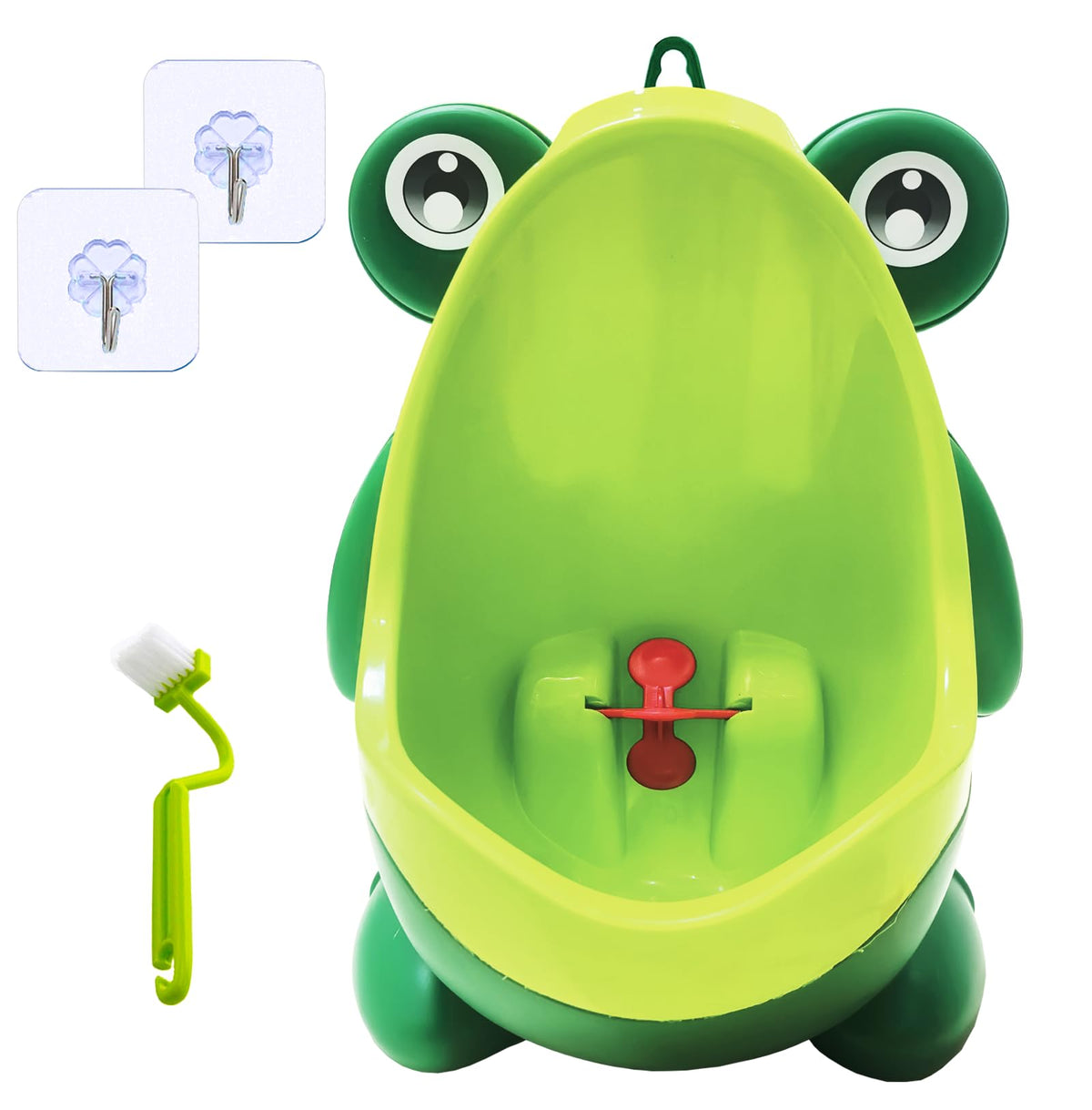 Frog Pee Training shows green Froggy shape urinal ideal for toddler potty practice and aim training