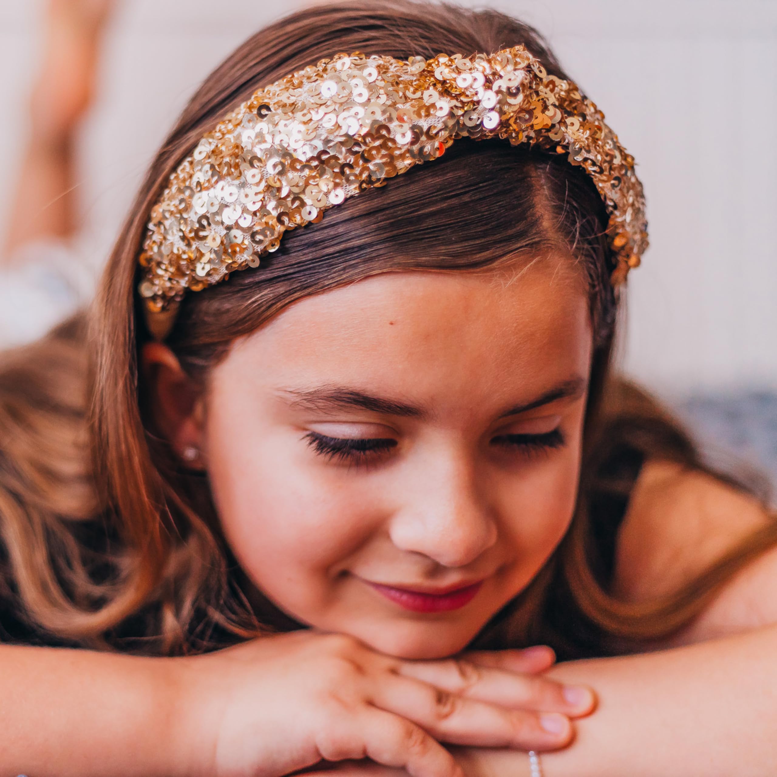 FROG SAC sequin knot headband gold back view highlights sparkle from all angles.