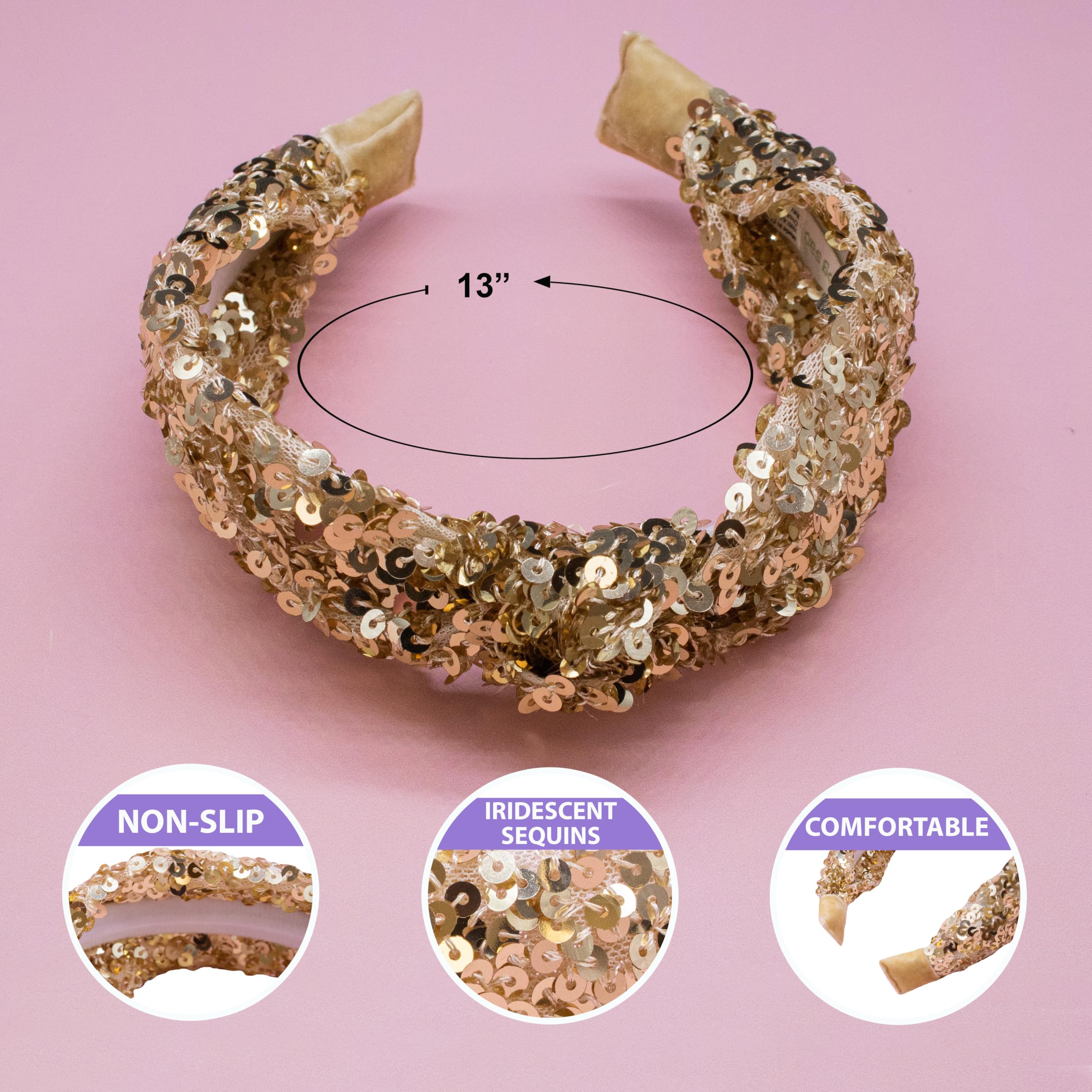 FROG SAC headband gold closeup sequins emphasizes shimmering rainbow sparkle.