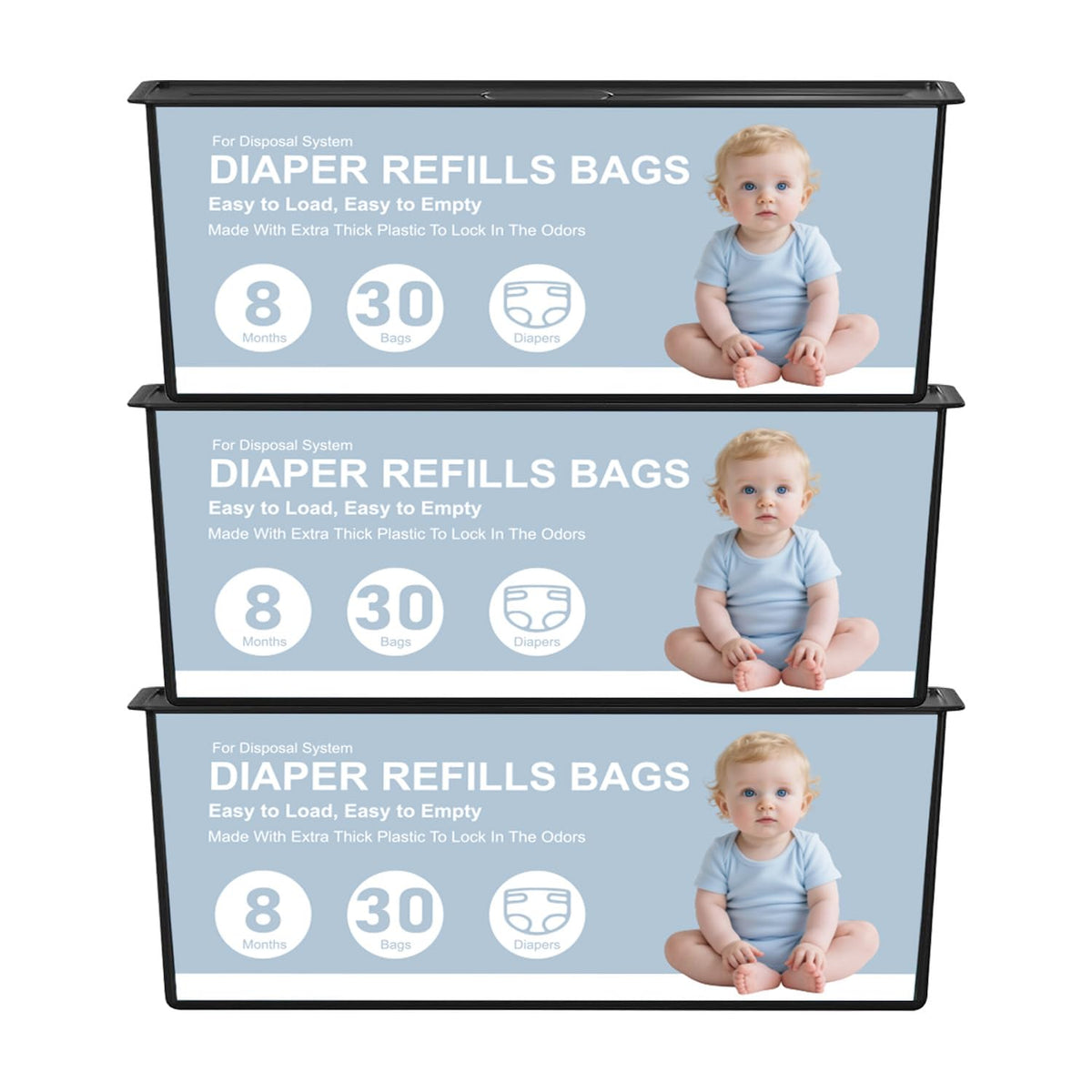 FRTKYGY diaper pail refills 3-pack packaging keeps nursery organized and ready for quick changes.