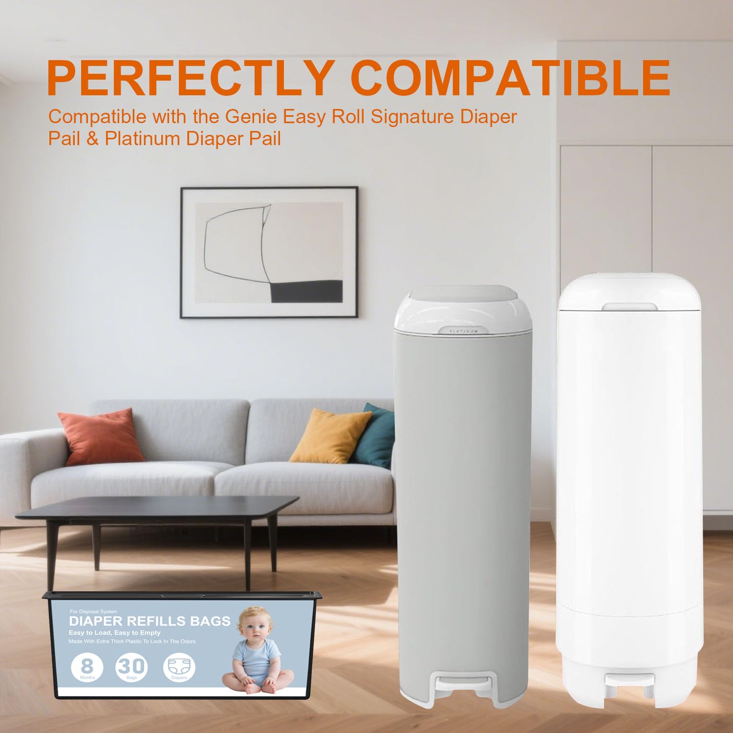 FRTKYGY Platinum compatibility image highlights seamless use with Platinum diaper pails.