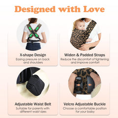 FRTUI baby carrier back carry mode demonstrates hands-free wear.