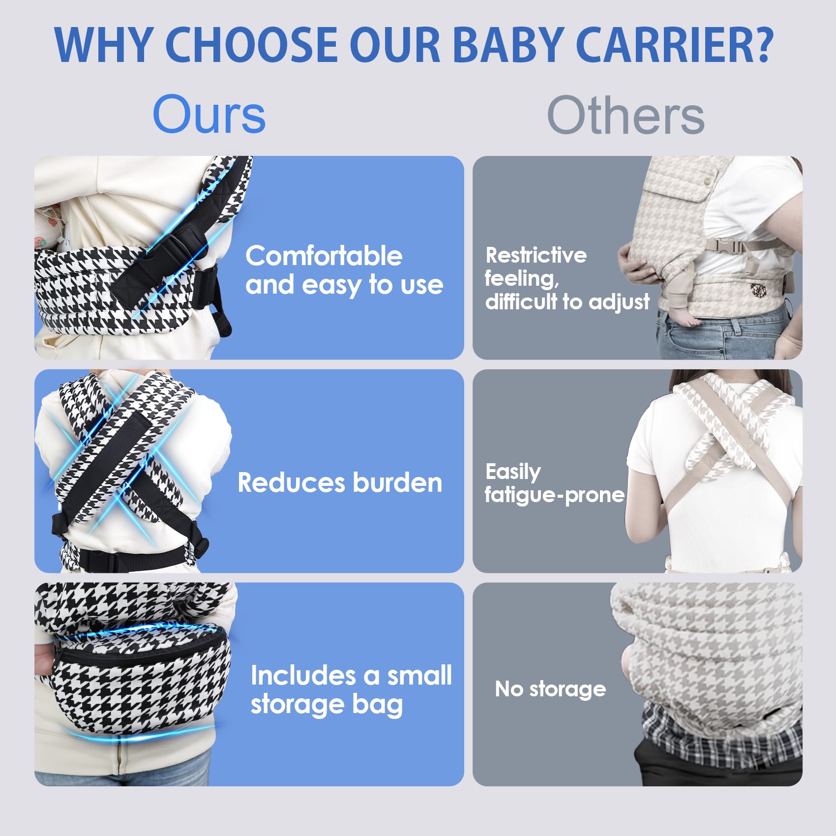 FRTUI baby carrier back view showing even weight distribution for extended use