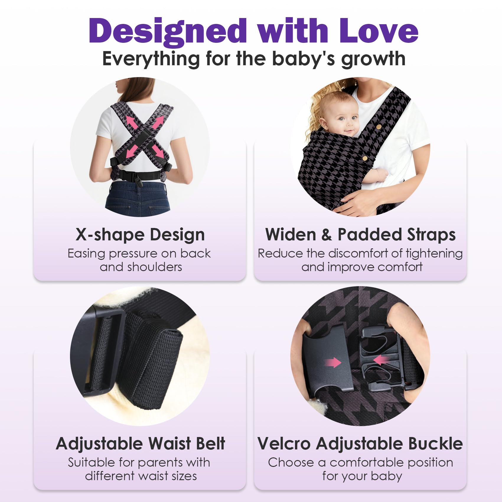 FRTUI baby carrier front facing setup demonstrating forward facing option for curious babies