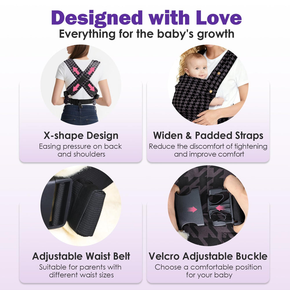 FRTUI baby carrier front facing setup demonstrating forward facing option for curious babies