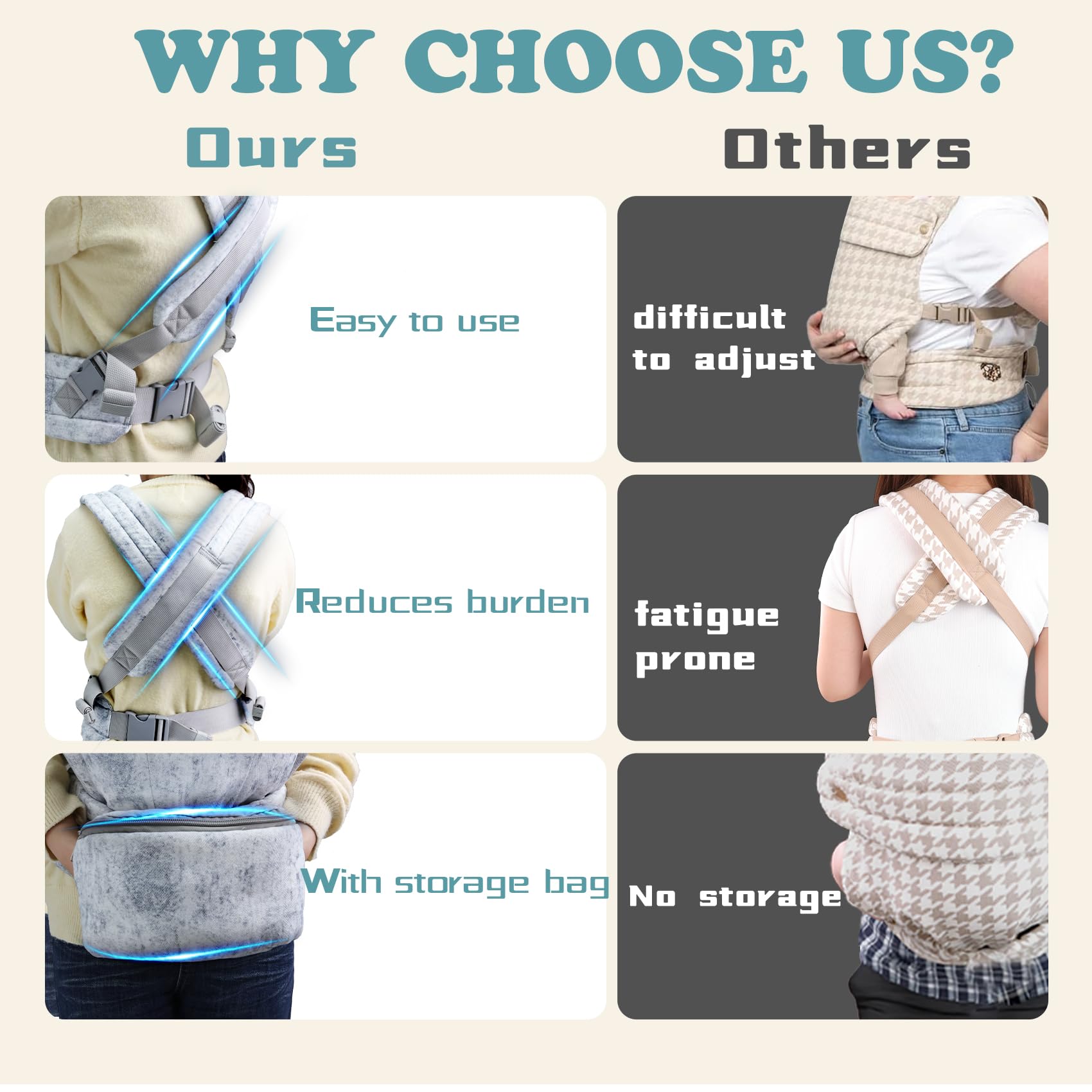 FRTUI baby carrier storage pouch close-up highlighting durable stitching.