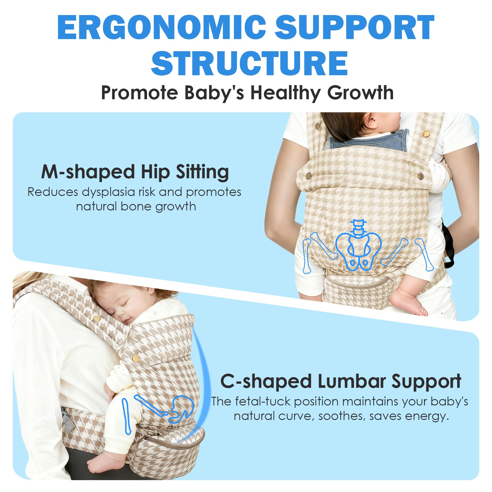 FRTUI baby carrier X-back design distributes weight evenly for comfort.