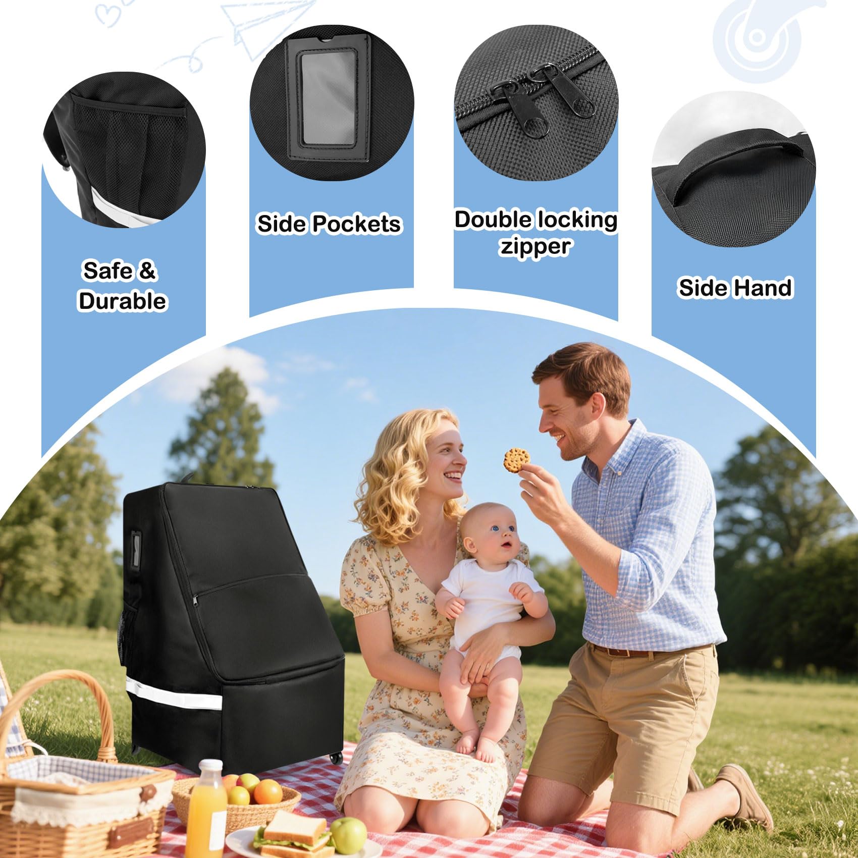 FRTUI carseat travel bag side pockets hold water bottles and towels.