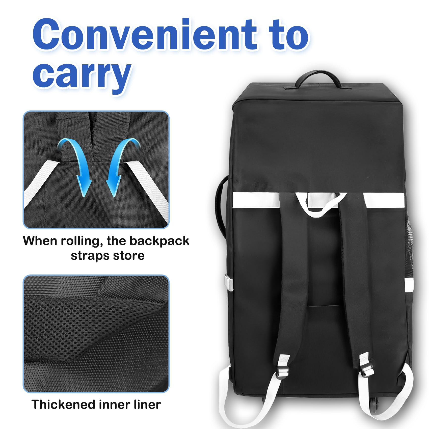 FRTUI carseat travel bag with wheels navigates carpet and tile smoothly.
