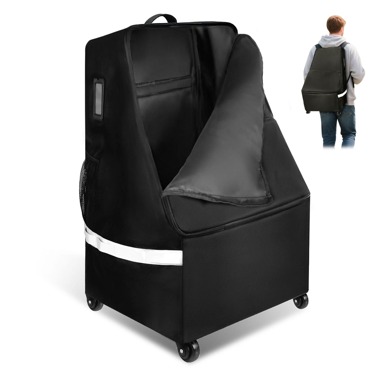 FRTUI carseat travel bag wheels glide smoothly through airport terminals.