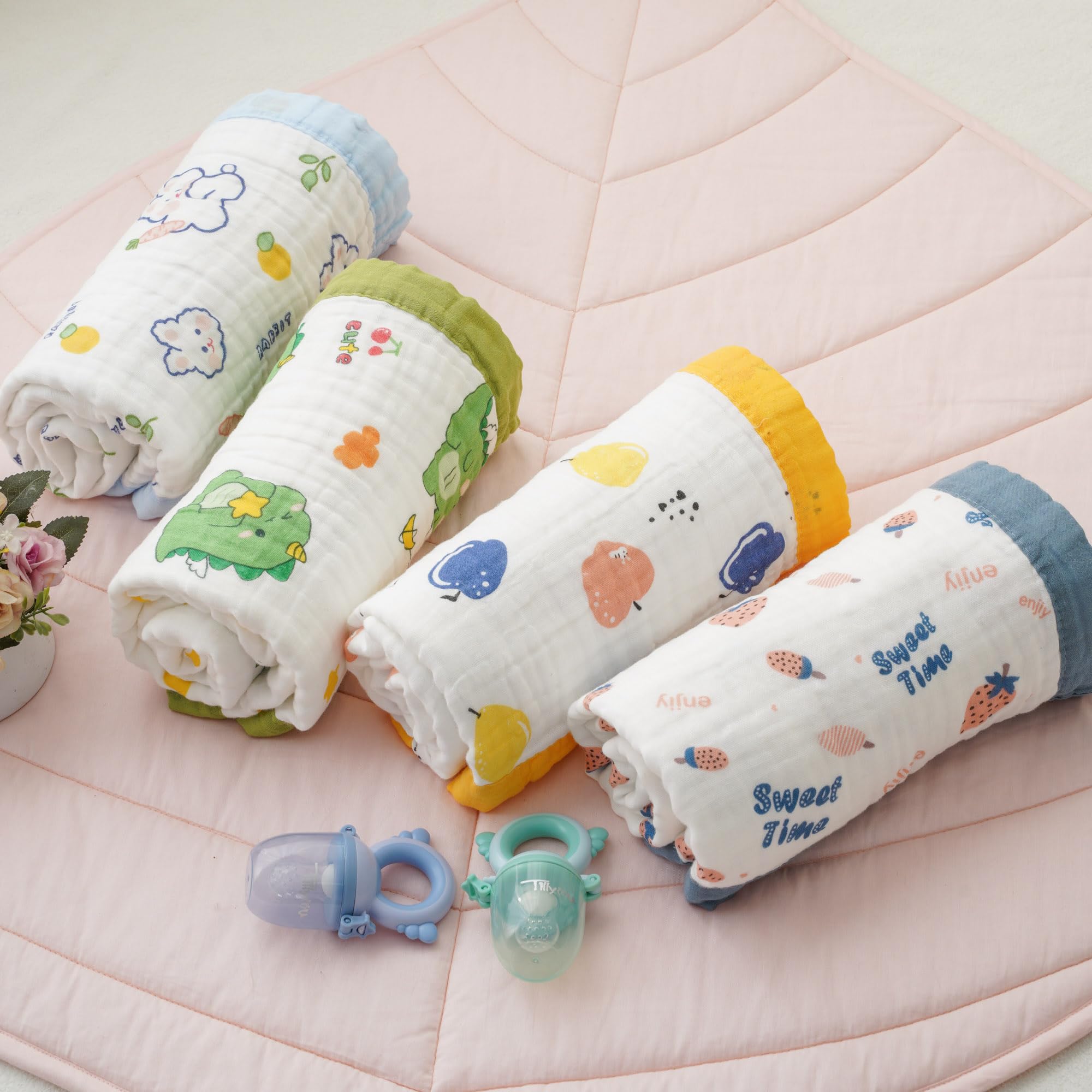 Fruit Muslin Baby Blanket changing-pad-cover setup for quick diaper changes.