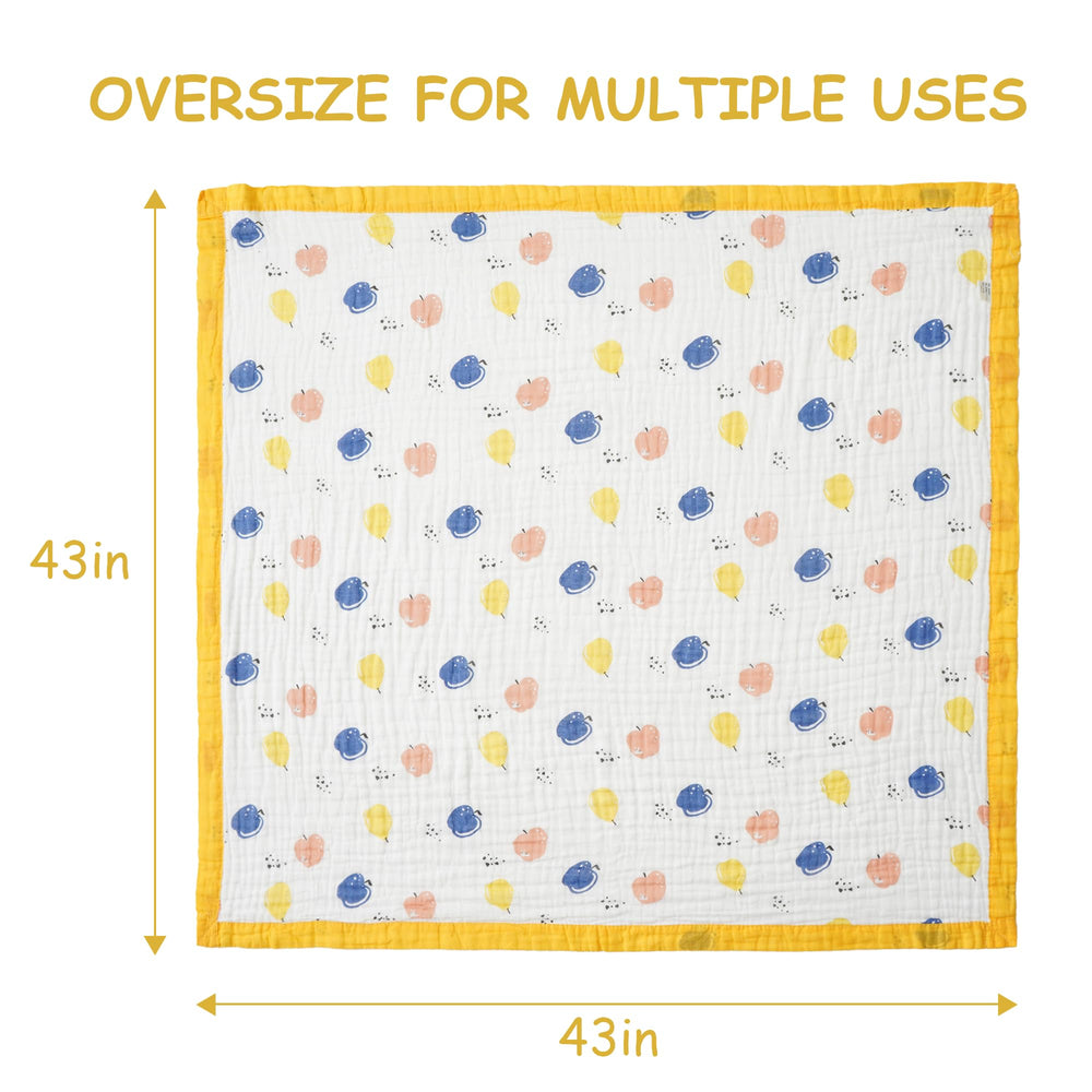 Fruit Muslin Baby Blanket stroller-cover provides lightweight warmth on the go.